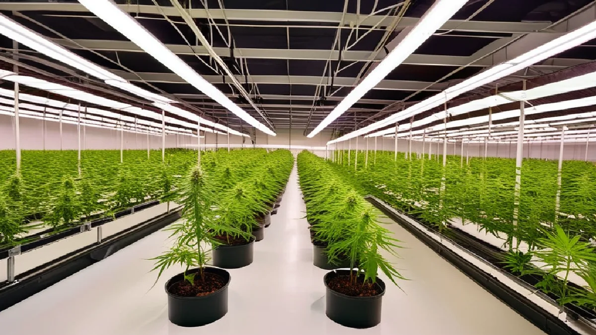 Neat rows of flowering cannabis plants growing in coco coir under LED lights in a Mid-Atlantic indoor facility.