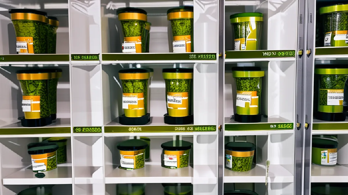 A retail worker replenishes organized cannabis inventory, visualizing the March sales increase reported for Canada.