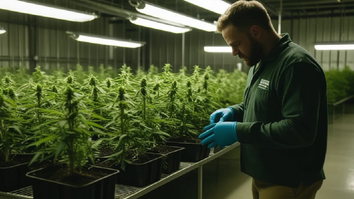A worker tends cannabis plants in Missouri, illustrating operators’ cautious response to federal registration.