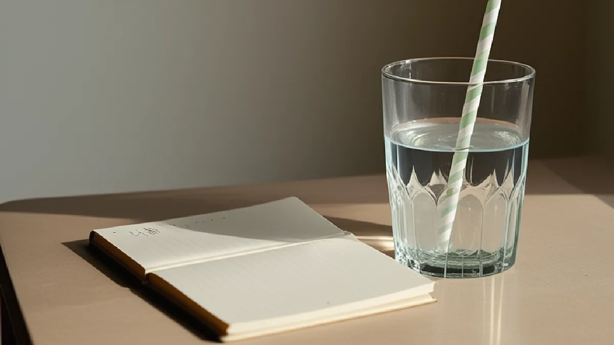 An empty chair, blank journal, and water glass suggest reflection and recovery after psychedelic overuse.