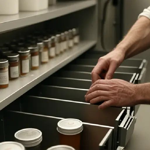 Gloved hands inspect sealed cannabis containers in a controlled fulfillment workspace representing regional delivery compliance.