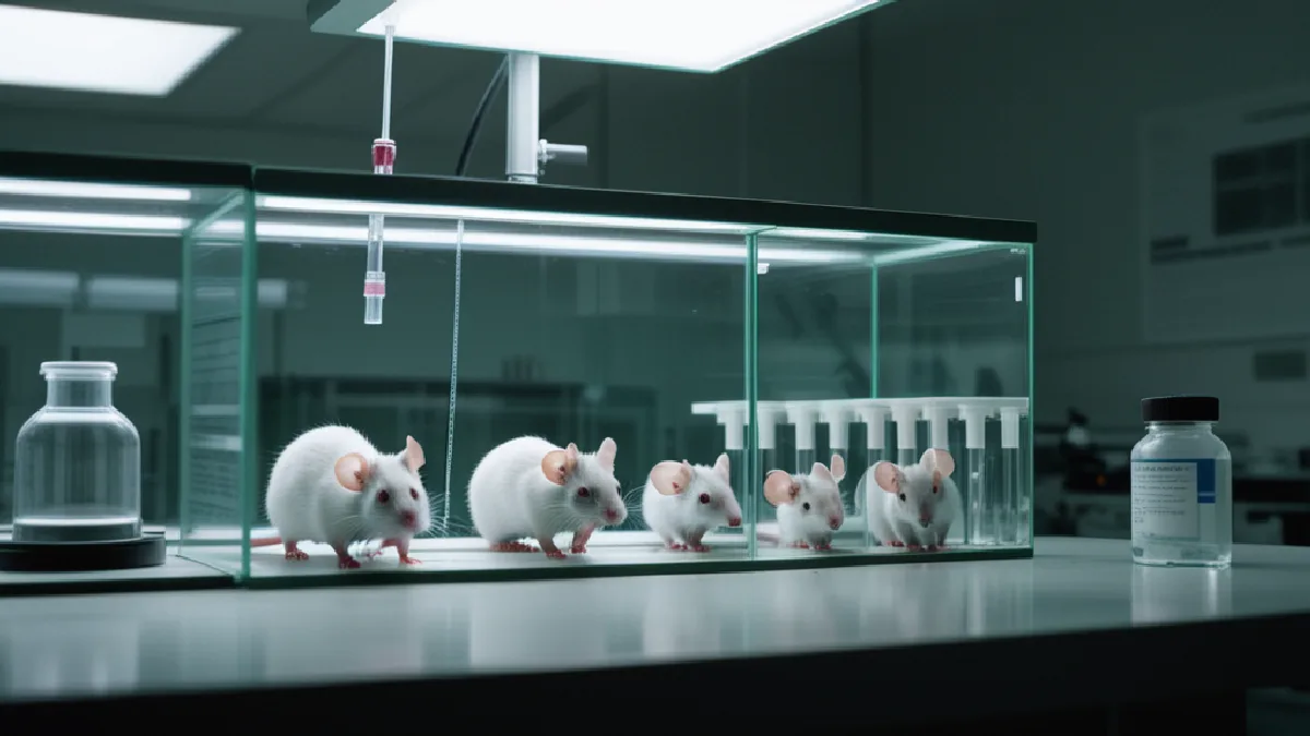 A laboratory mouse enclosure and research tools evoke the preclinical testing behind the mushroom-extract findings.