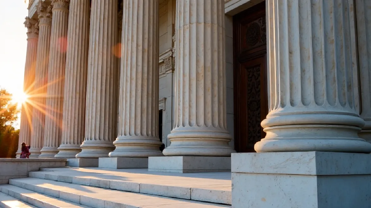 Classical marble columns of a Mid-Atlantic government building at sunset, symbolizing legal frameworks in DC, Maryland, and Virginia.