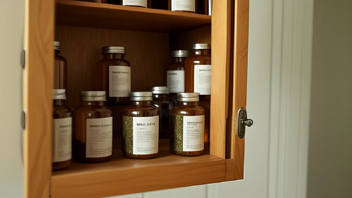 Mani guantate sistemano contenitori di cannabis in un armadietto chiuso a chiave, sottolineando l’importanza di una conservazione sicura e lontana dai bambini.