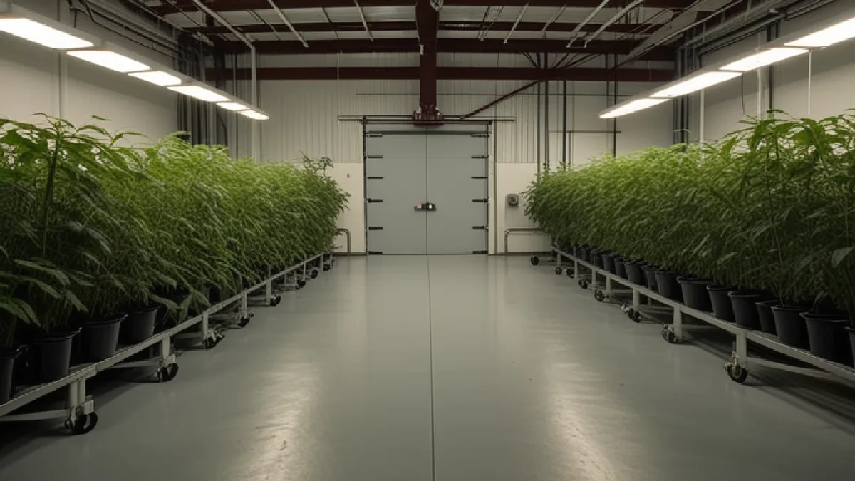 Flowering cannabis plants and unused harvest bins in a Michigan grow facility suggest disrupted deliveries in the contract dispute.