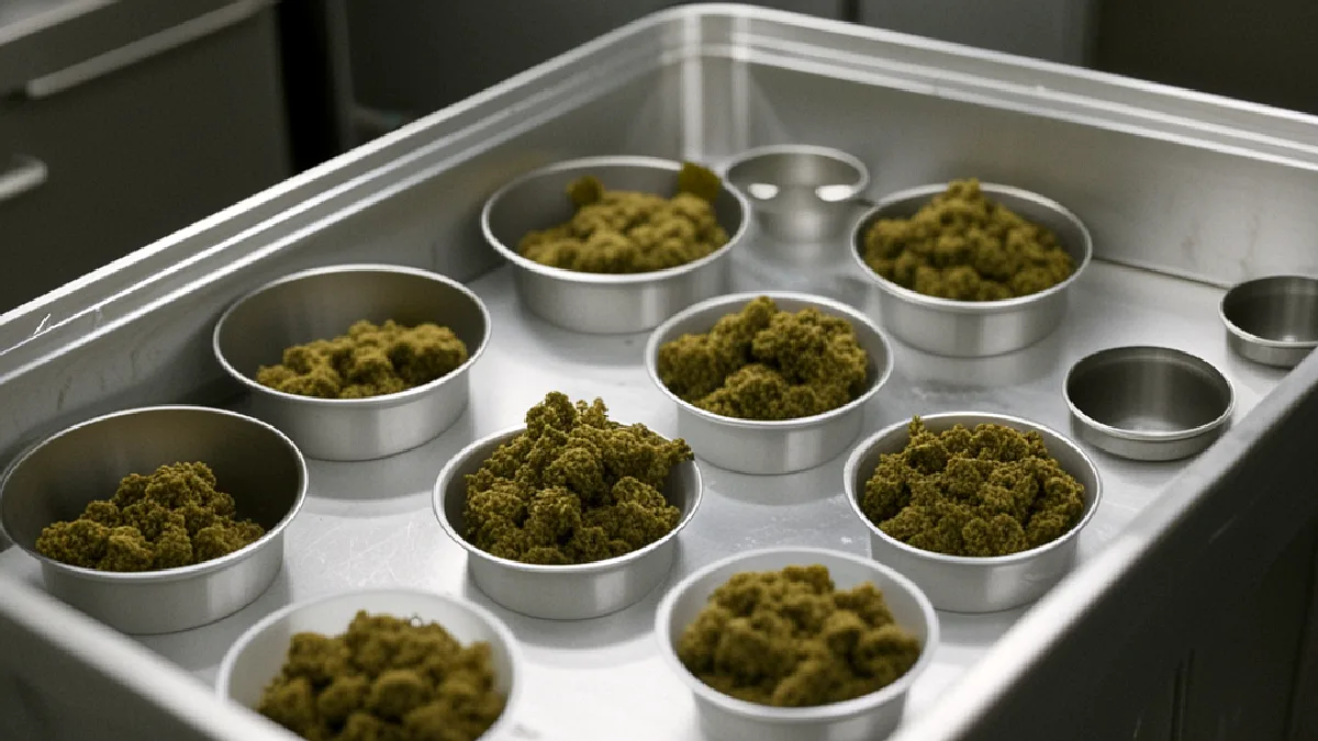 Gloved hands secure unmarked cannabis containers in a facility loading area, evoking delivery and transport compliance questions.