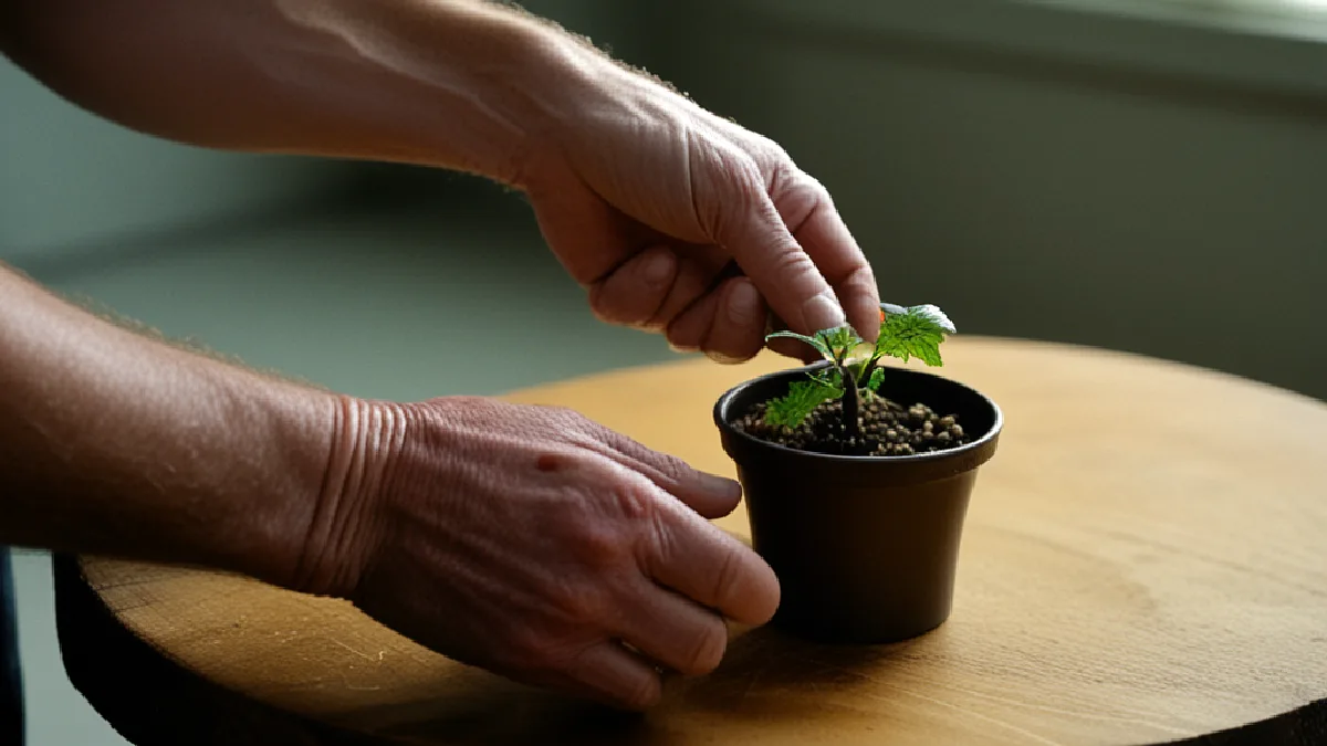Gloved hands handle an unmarked cannabis cutting in a stark Tennessee storage room under prohibition.