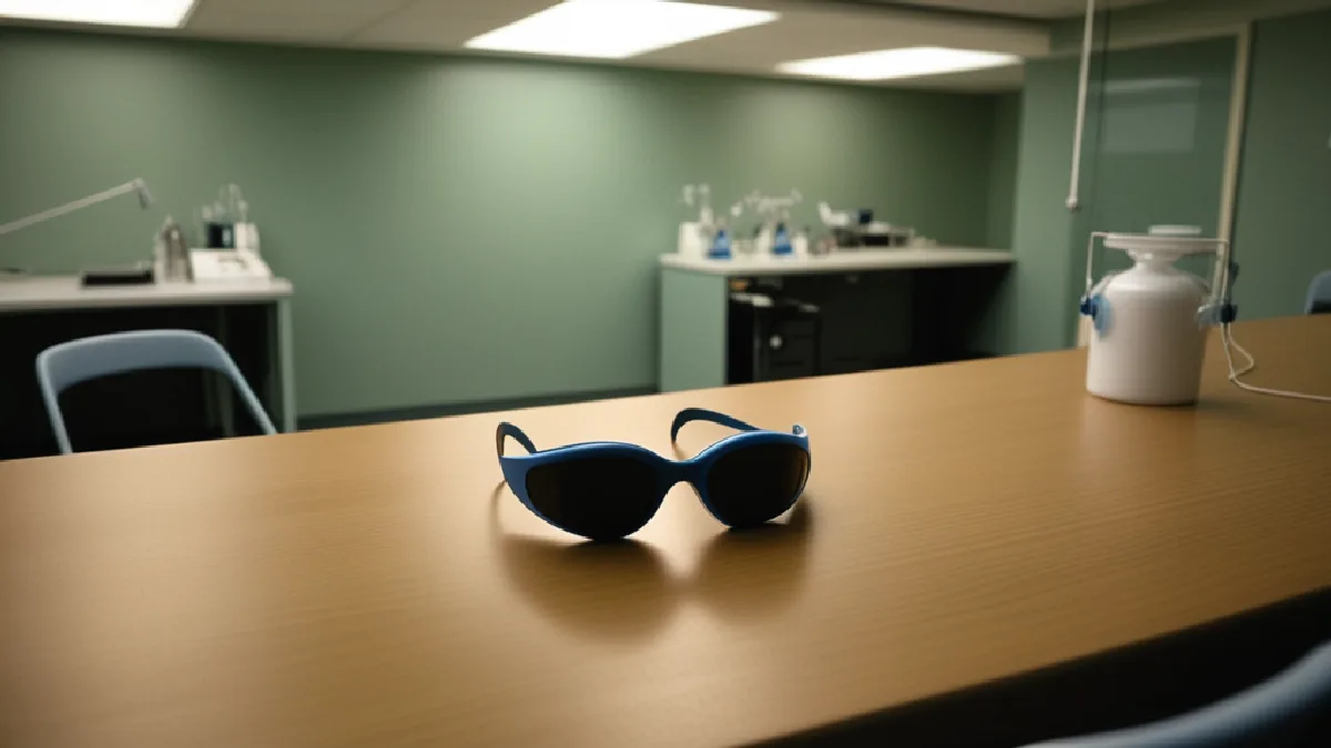 An eye mask, headphones and unlabelled dose vessel sit ready for a supervised research session.