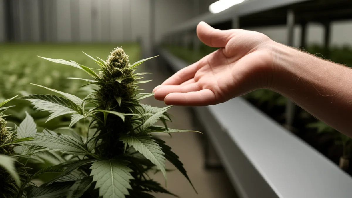 Mãos enluvadas inspecionam plantas de cannabis em floração, ilustrando a conduta subjacente em questão na aplicação de contratos federais.