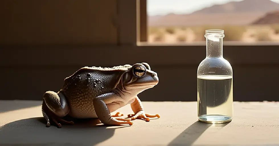 A Colorado River toad beside synthetic crystals represents the conservation and safety debate over 5-MeO-DMT sources.