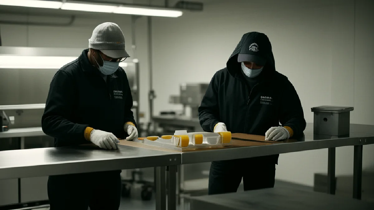 Gloved hands inspect a sealed package in a secure fulfillment room, echoing diligence on compliance and delivery economics.