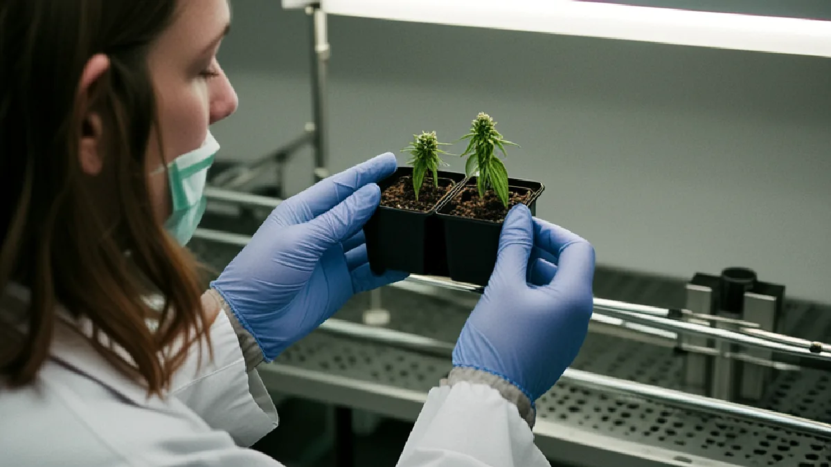Un investigador prepara muestras de cannabis sin etiquetar junto a equipos de laboratorio, como representación de una investigación científica ampliada.