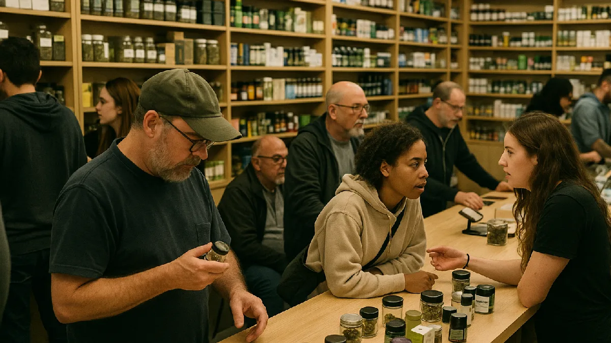 Interior view of a busy cannabis dispensary with customers interacting with staff and exploring product displays, illustrating market activity.