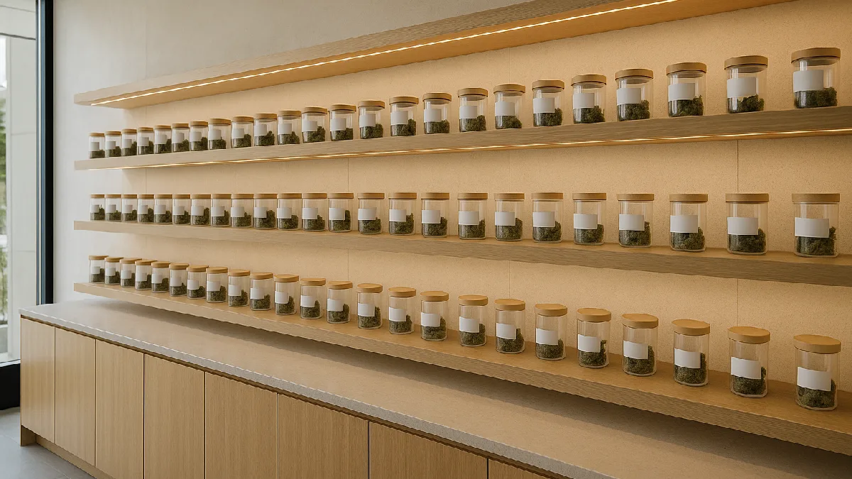 Symmetrical dispensary display shelves holding uniform glass jars of dried flower under warm spotlighting in a modern retail space.