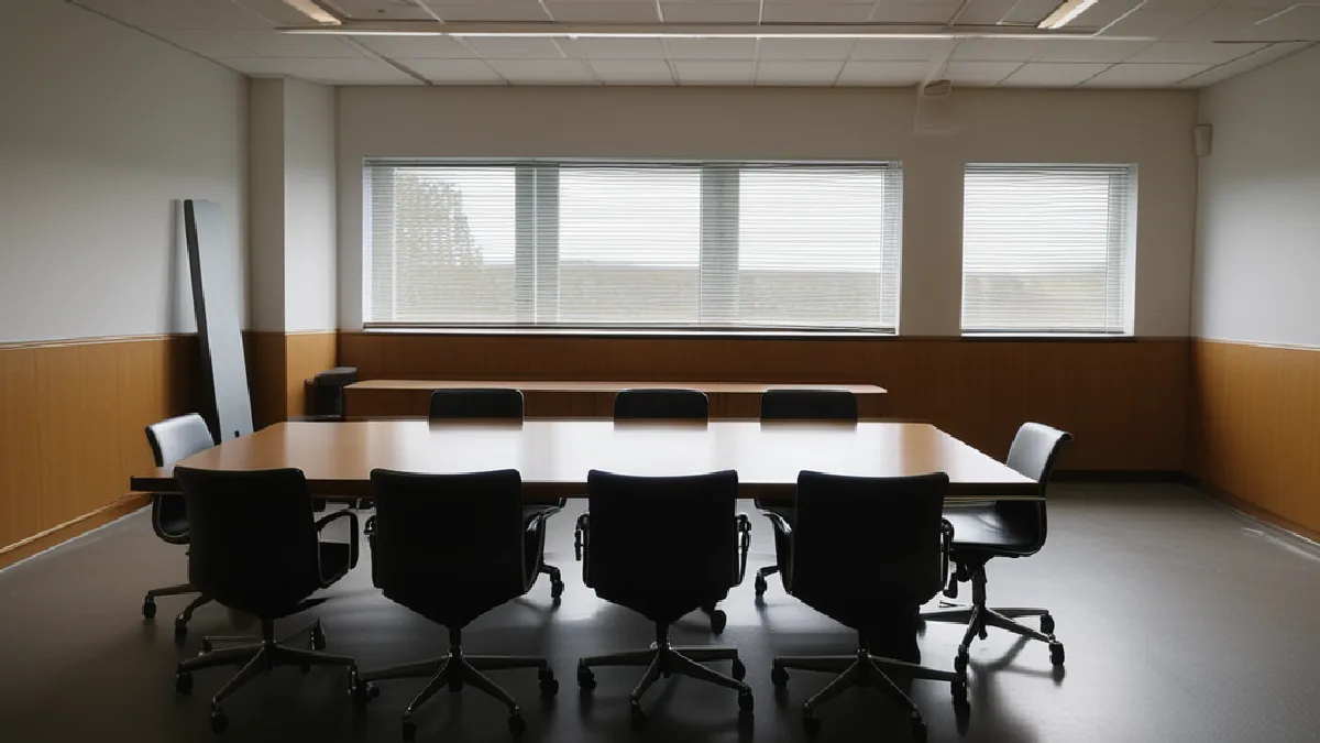 An empty boardroom with displaced chairs evokes the contested control and director changes at Lykos.