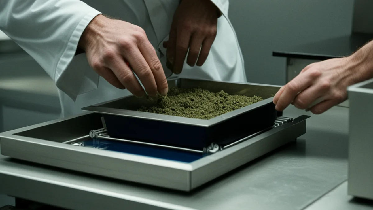 Cannabismonsters en apparatuur worden met handschoenen aan gehanteerd, wat aantoont dat de nalevingskosten door grotere exploitanten gemakkelijker worden gedragen.