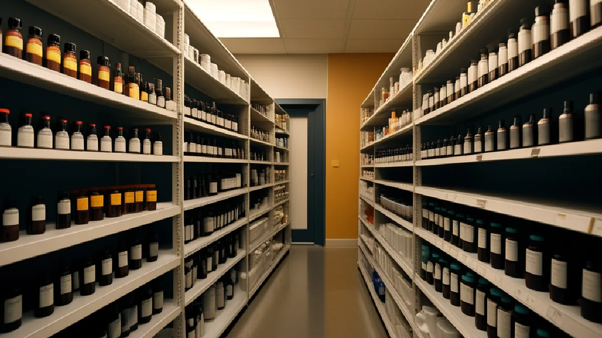 Des employés de pharmacie portant des gants organisent des produits cannabinoïdes dans une réserve contrôlée, illustrant le renforcement des contrôles d’approvisionnement et de gestion des stocks.
