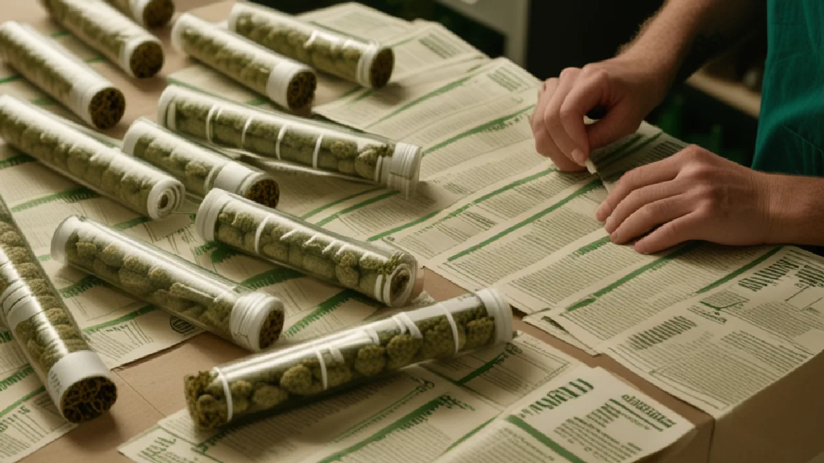 Repeated flower containers and pre-rolls fill a retail back room, visualizing their dominant share of legal cannabis sales.