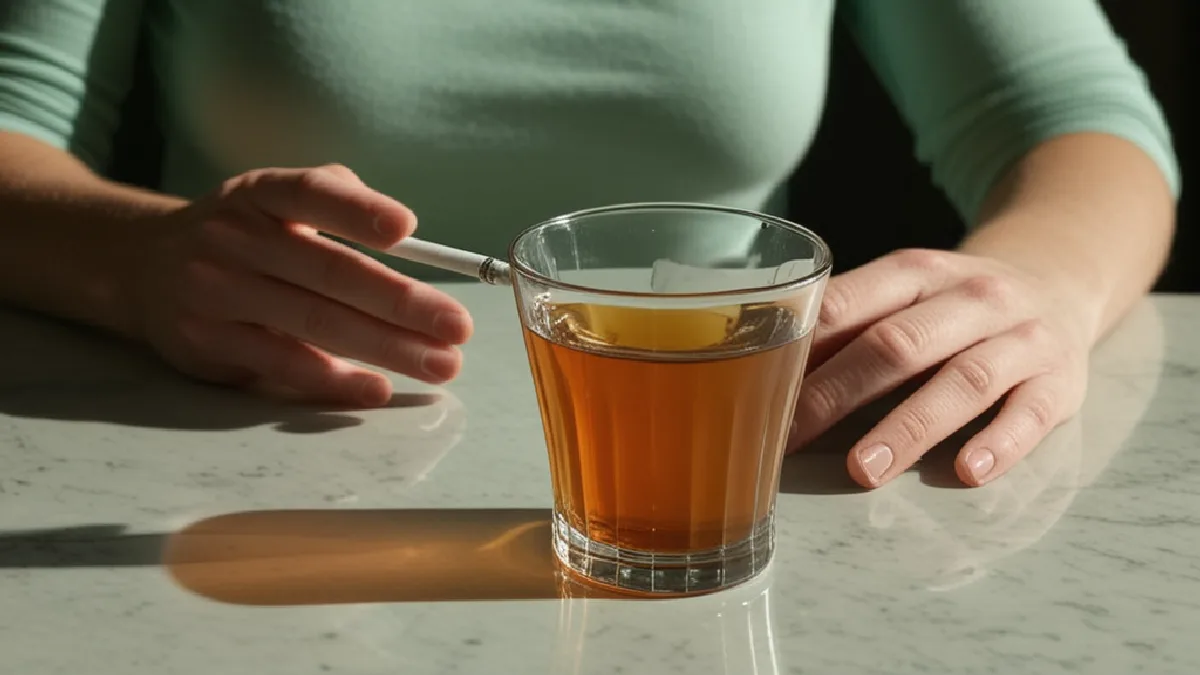 An anonymous adult pauses beside a pre-roll and water, suggesting careful pacing and self-monitoring.