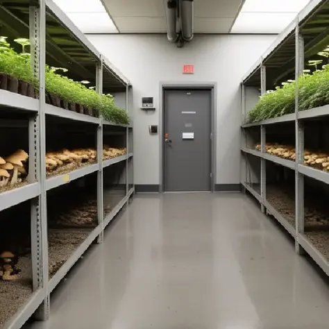 Psilocybin mushrooms grow behind a closed clinical doorway, suggesting access controlled by therapy-only reform.