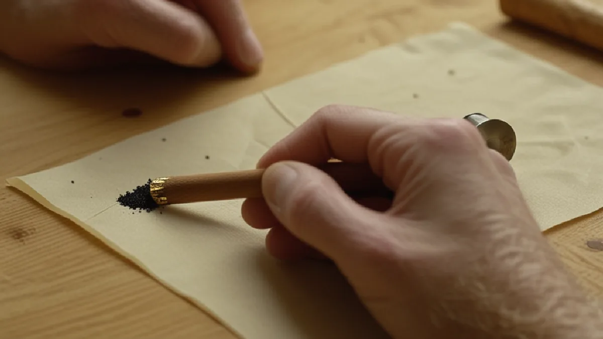 Hands arrange flower around a central line of rosin while preparing a hash-hole joint.