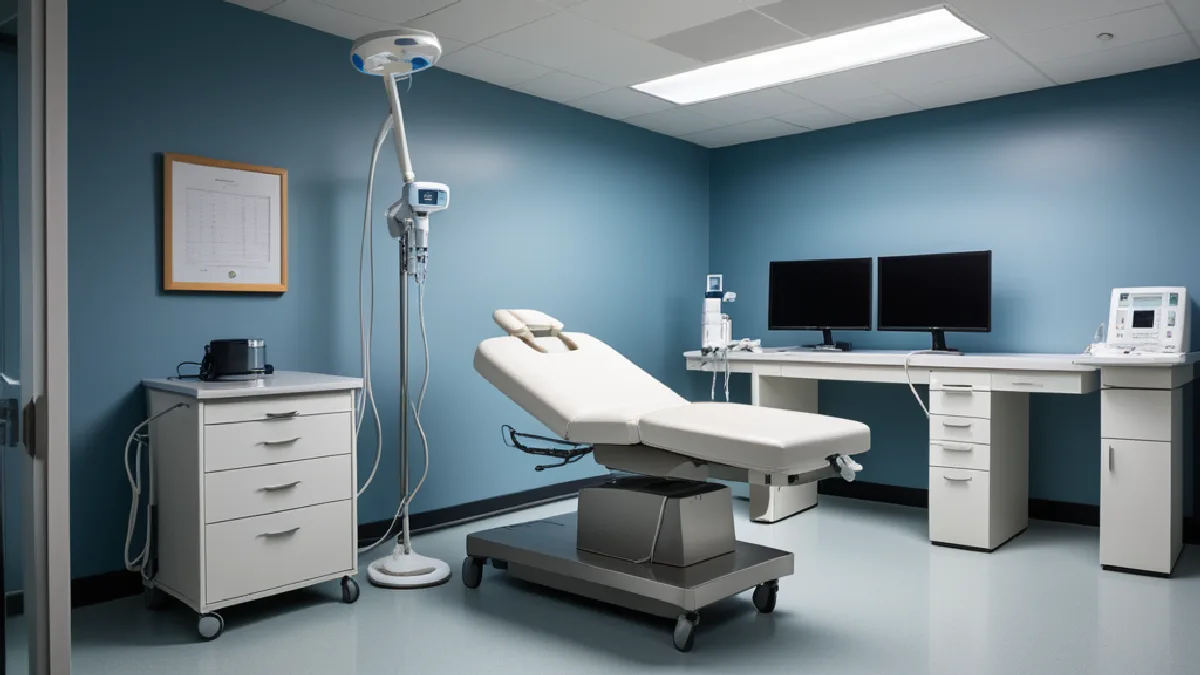 A monitored therapy room symbolizes screening, supervision, and physiological safety in psychedelic treatment.