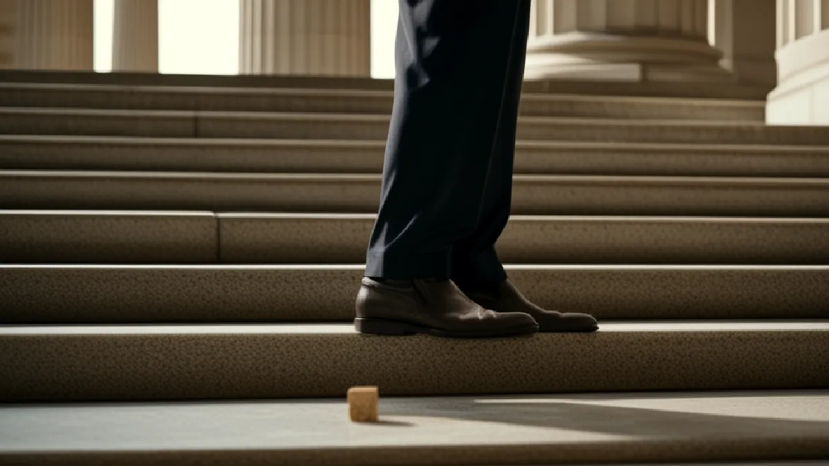 A person in suit trousers and dark dress shoes stands on wide stone steps in front of large classical columns.