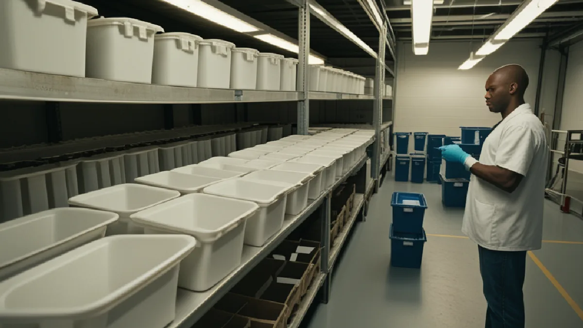 A worker checks sealed storage bins in a secure loading area, evoking documented delivery and transport compliance.