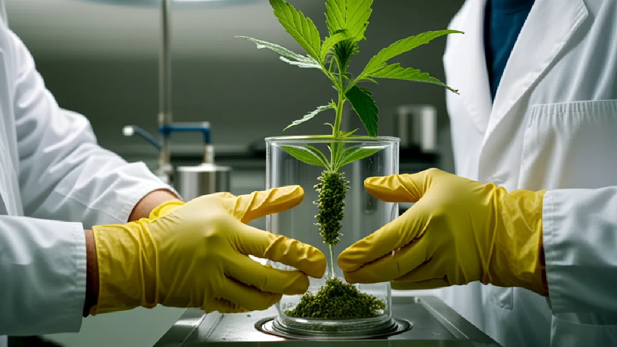 A gloved technician prepares cannabis flower for independent laboratory testing under California regulatory oversight.