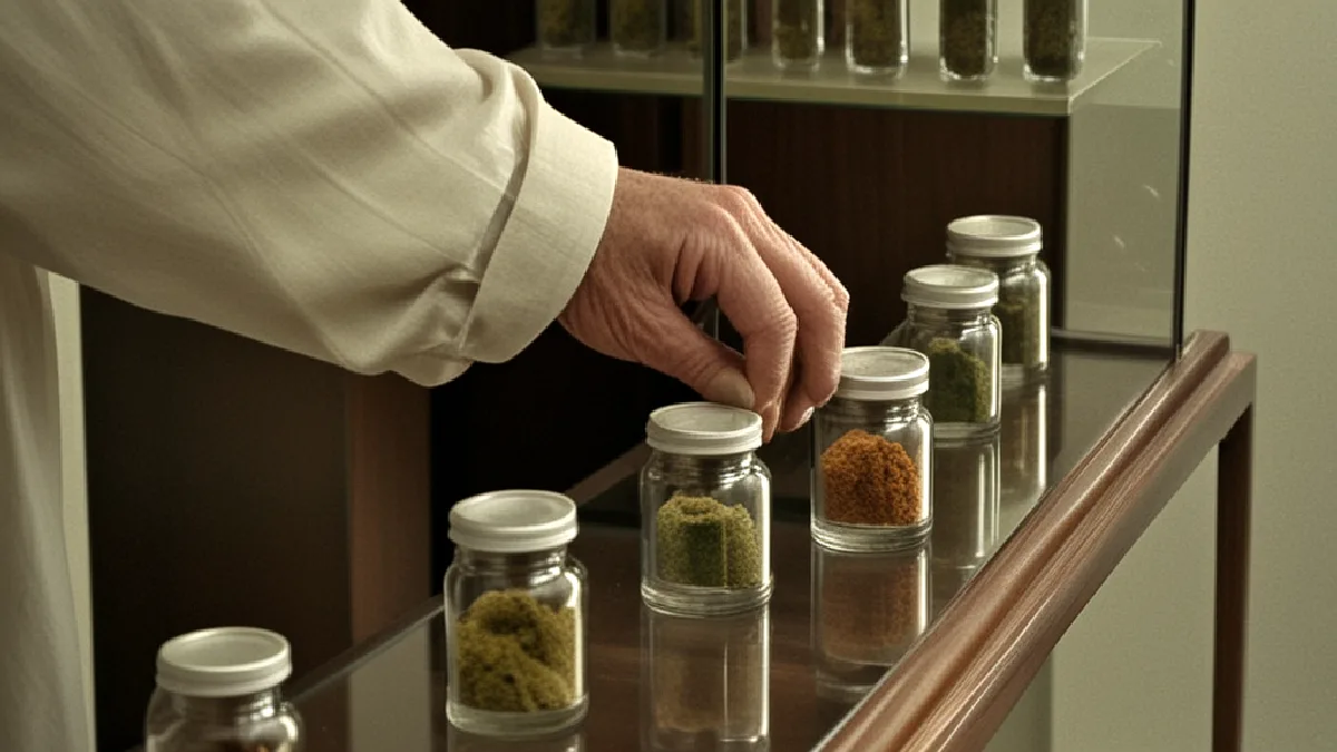 Un détaillant anonyme dispose des pots de cannabis soigneusement sélectionnés dans une boutique élégante de Winnetka, profondément ancrée dans la culture de la communauté locale.