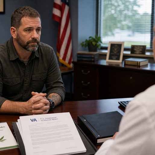 Veteran sitting in VA doctor's office with medical cannabis pamphlet and VA documents on desk — veterans and cannabis why VA doctors cannot recommend it 2026