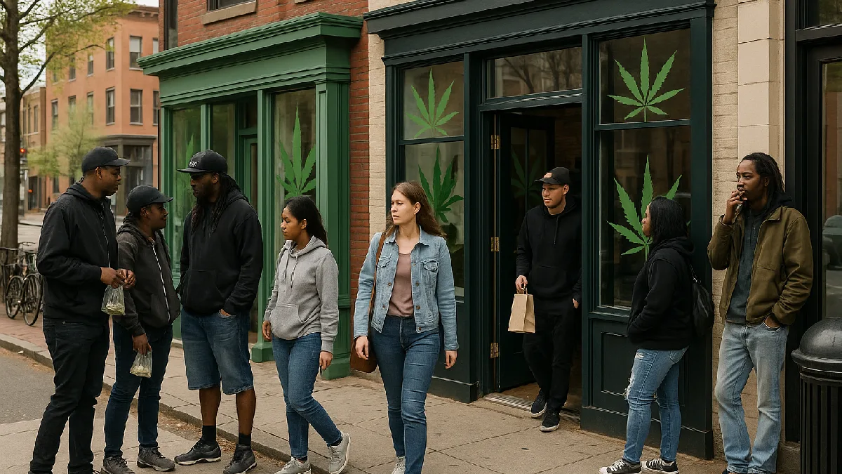 A street view of cannabis shops in D.C., illustrating the local cannabis market dynamics post-THMQ relaunch.