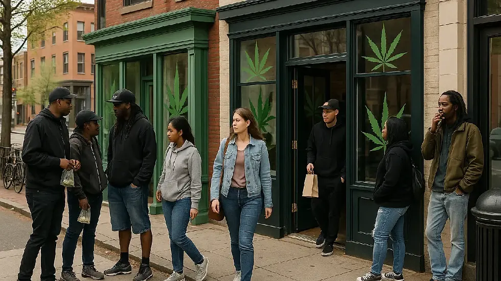 A street view of cannabis shops in D.C., illustrating the local cannabis market dynamics post-THMQ relaunch.