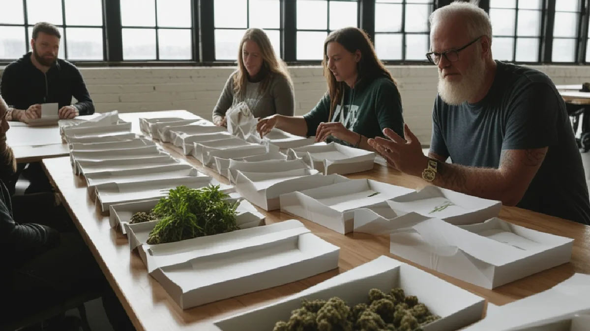 Anonymous attendees exchange ideas around a communal table, illustrating how regional cannabis events build connections and shared standards.
