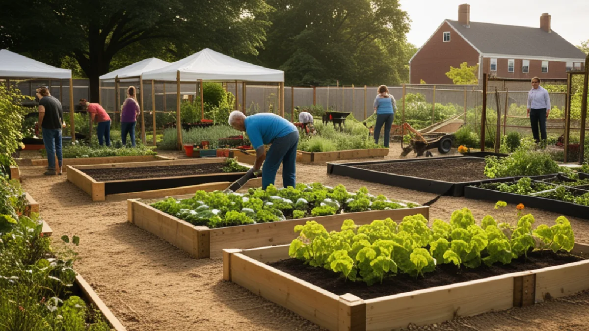 Adults work separately in a Washington DC community garden, evoking varied local approaches and shared community standards.