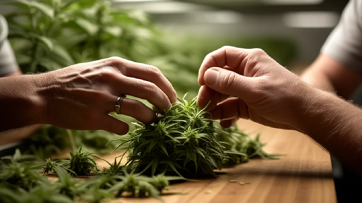 Anonymous Joplin dispensary workers gather around a bare table, suggesting collective action and the reported union vote.