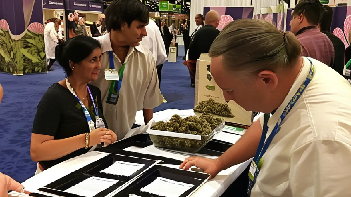 An attendee discusses cannabis education materials with an exhibitor on the expo floor