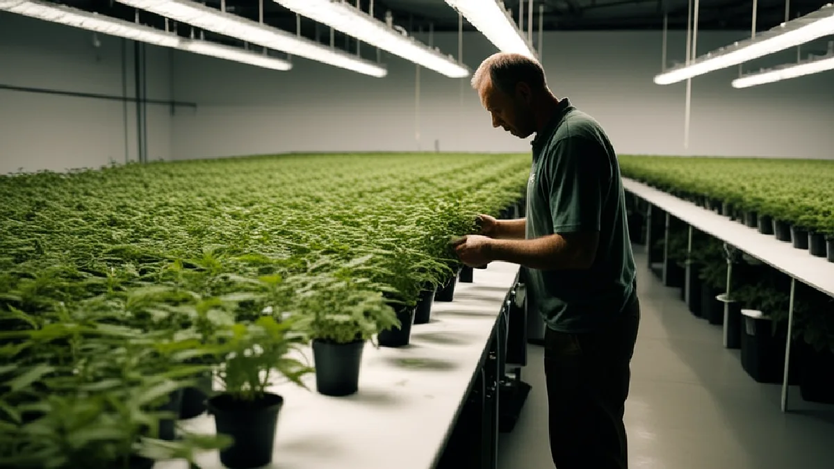Des mains gantées inspectent des plants de cannabis en floraison dans une salle de culture contrôlée en Virginie.