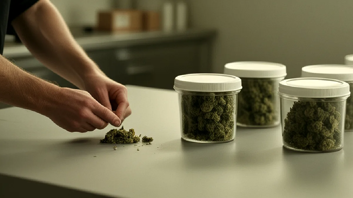 Gloved hands prepare sealed cannabis containers while current local delivery compliance remains unchanged.