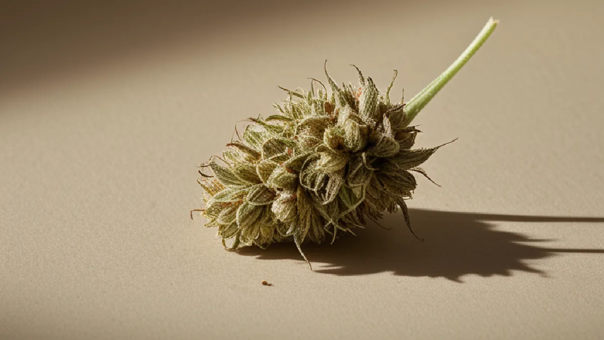 close-up cannabis flower on a neutral surface, illustrating timeline and next steps for sustainable funeral innovations