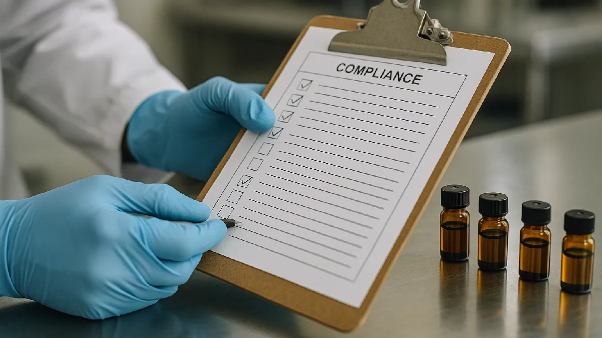 A lab technician reviewing compliance documents and cannabis oil vials on a stainless steel workbench in a regional facility.