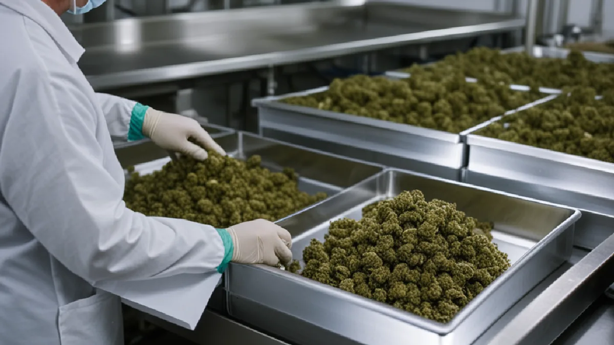 Gloved workers handle bulk cannabis flower in a licensed Michigan facility, illustrating wholesale costs before retail sale.
