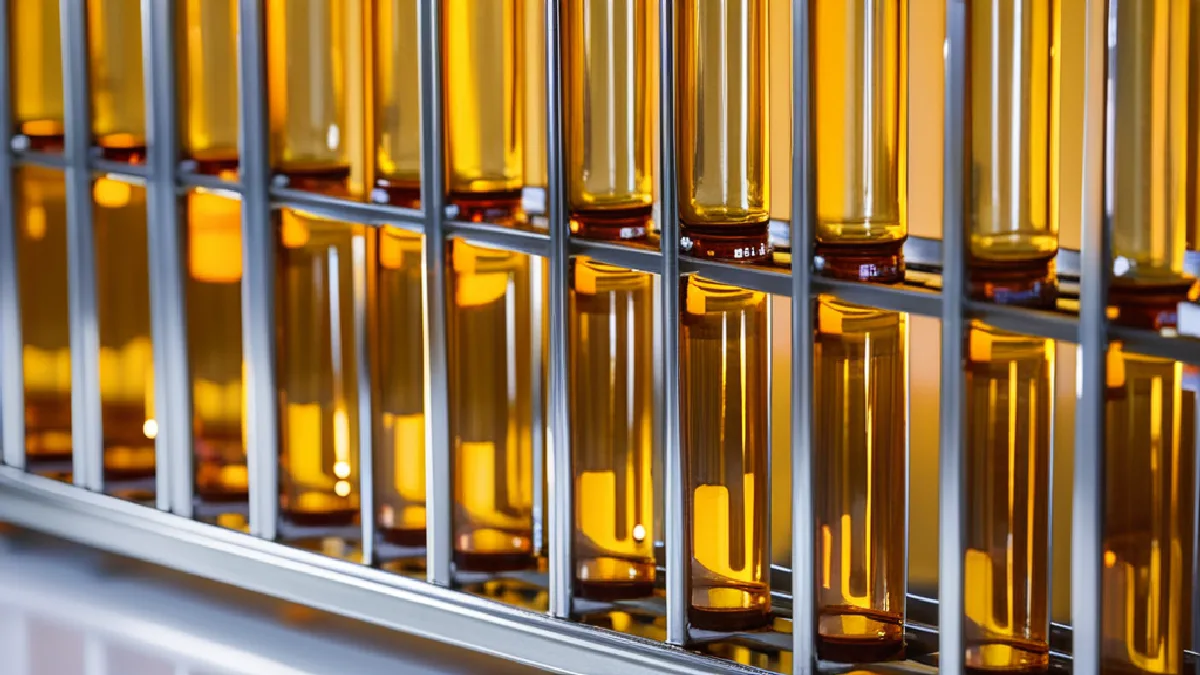 Glass laboratory vials holding amber extract samples in a stainless steel rack during compliance testing for delta-9 THC levels.