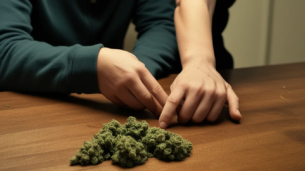 Two anonymous figures exchange a cannabis plant, symbolizing lived experience and advocacy for affected communities.