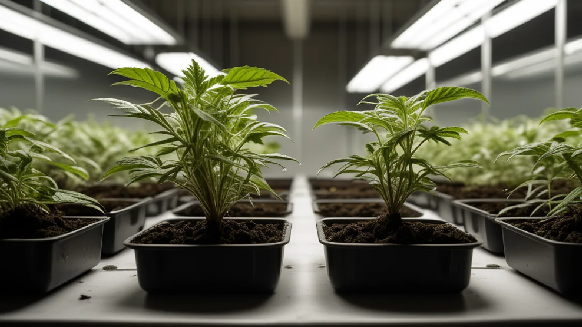 A cannabis plant caught between contrasting institutional lights represents the conflict between state legality and federal prohibition.