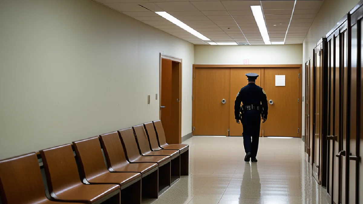An empty courthouse intake corridor conveys the shift from citation or diversion toward prosecution.