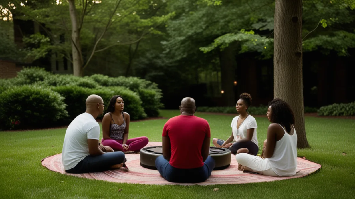 Hands and silhouettes gather around a backyard drum circle, illustrating grounded community practices across the DMV.
