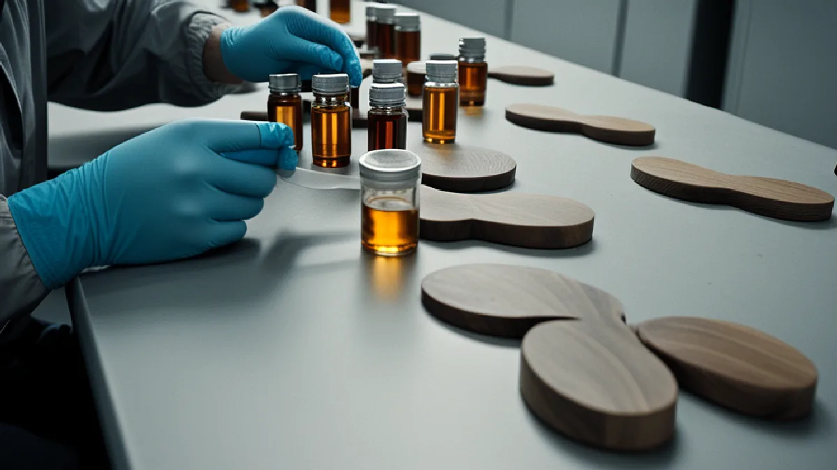 Manos enguantadas clasifican muestras de cannabinoides sin marcar junto a equipos de prueba para verificaciones de cumplimiento separadas.