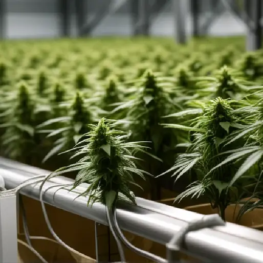 Flowering cannabis plants fill a controlled grow room as a worker inspects a cross-market cultivation approach.