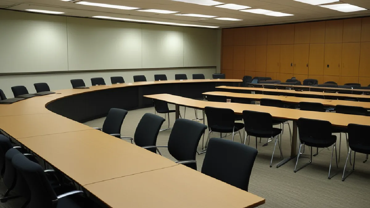 An empty Oregon meeting room suggests upcoming decisions on consolidating psychedelic and medical cannabis oversight.